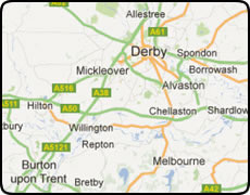 map of Derby showing Chellaston Burton upon Trent Alvaston Mickleover 